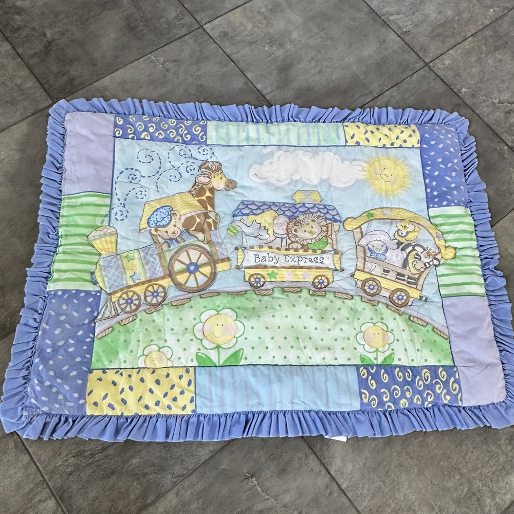 Baby Express Quilt Blanket Blue Ruffle Patchwork‎ Animals Train Nursery Decor